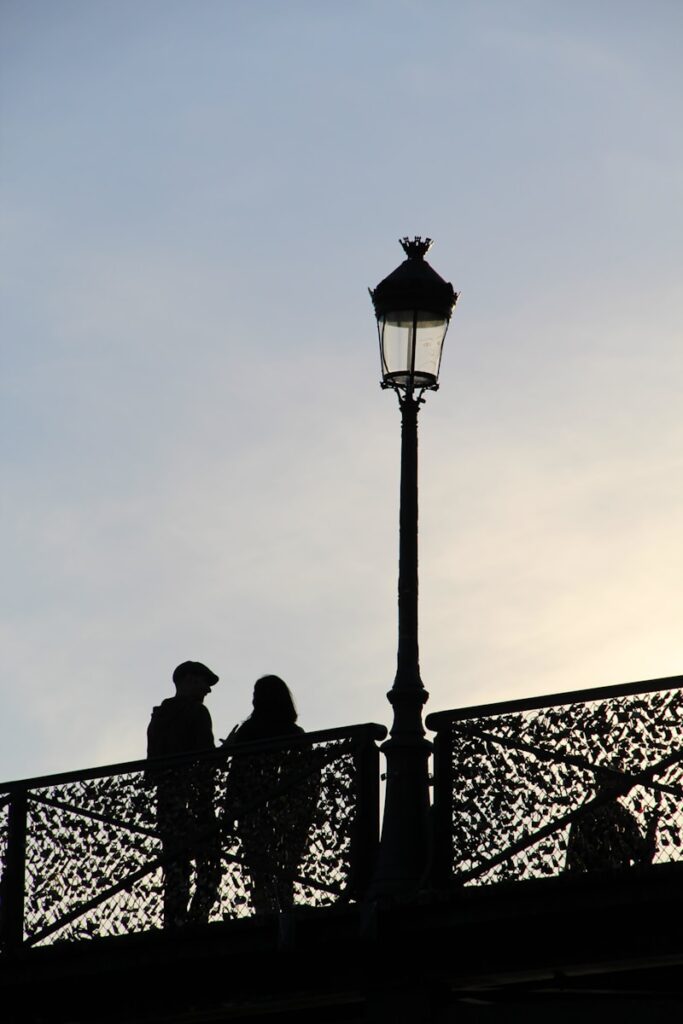 a couple of people standing on top of a bridge